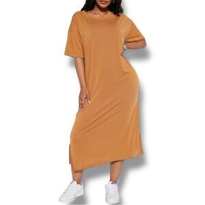 Double Zero Yellow Orange Midi Dress with Slit Dolman Sleeves